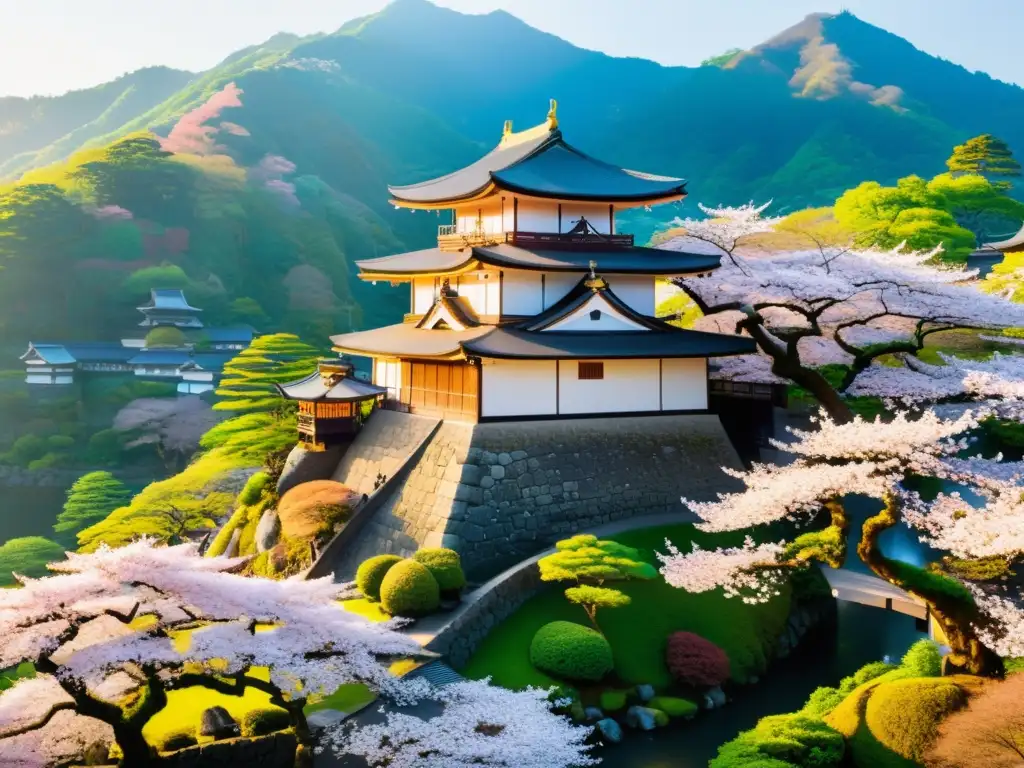 Vista panorámica de un castillo japonés rodeado de cerezos en flor, evocando la historia del período Sengoku en un ambiente sereno y atemporal