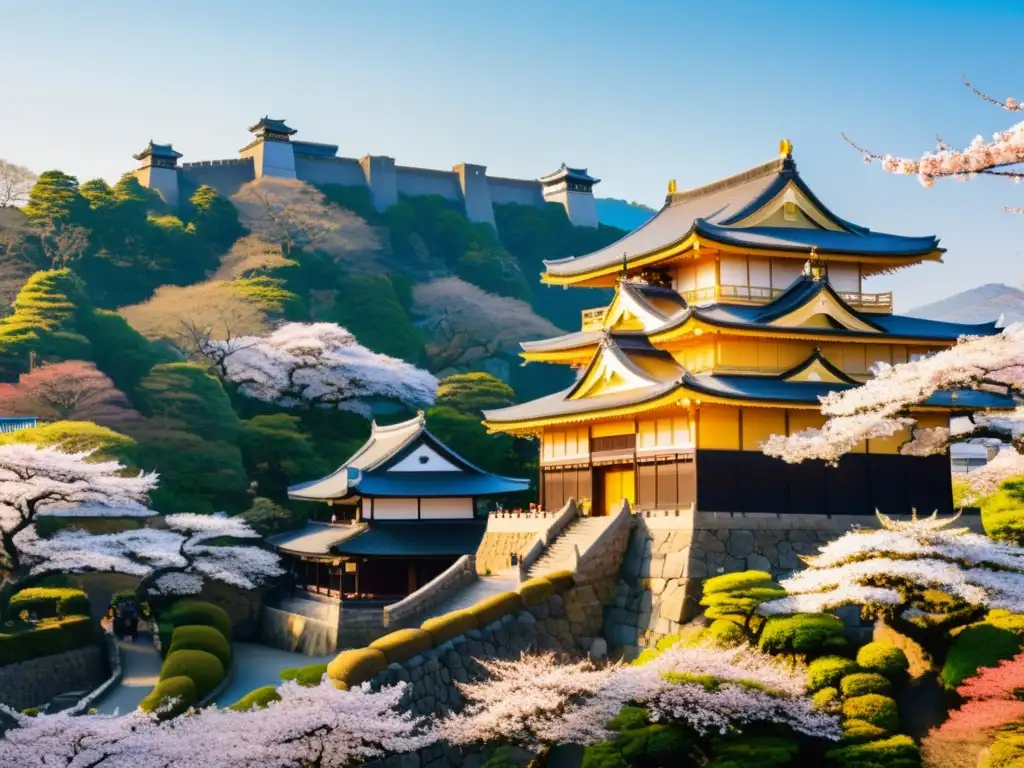 Una vista panorámica de un castillo japonés tradicional en una colina, rodeado de vibrantes árboles de cerezo en plena floración