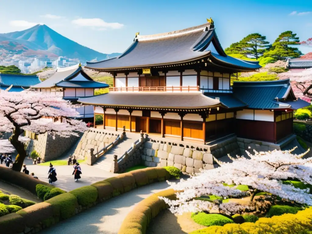 Vista panorámica de un castillo japonés rodeado de cerezos en flor, donde se respira la estructura de poder en Japón feudal