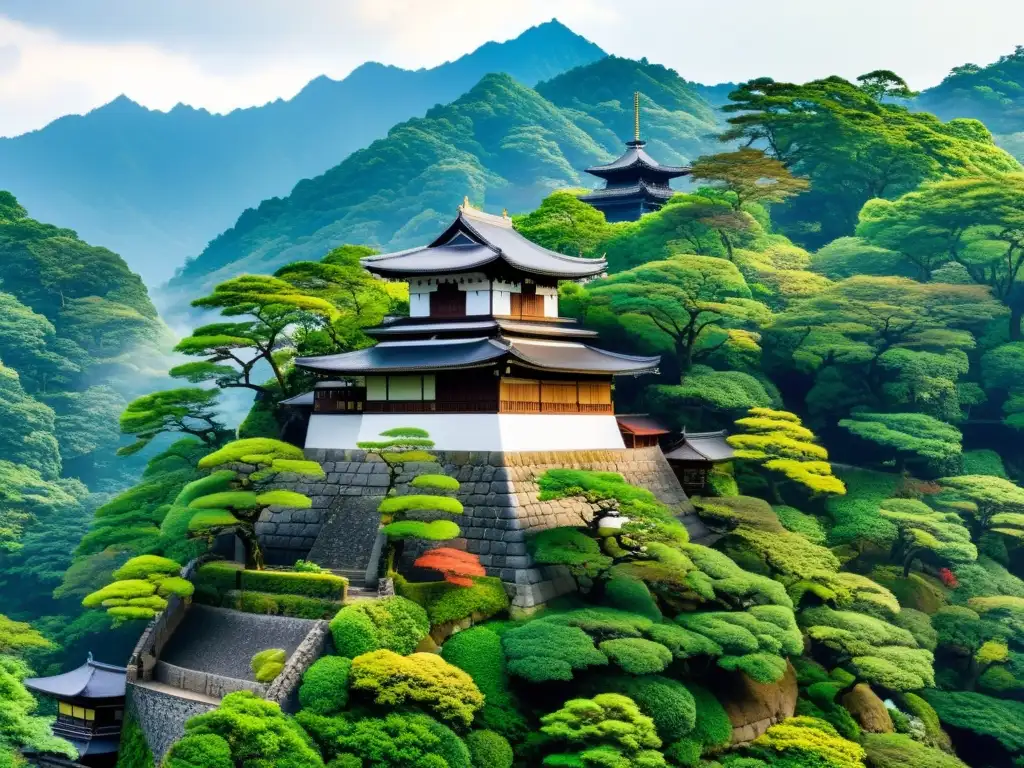 Vista panorámica de un castillo japonés rodeado de un exuberante bosque, evocando la belleza y la estrategia samurái en la guerra