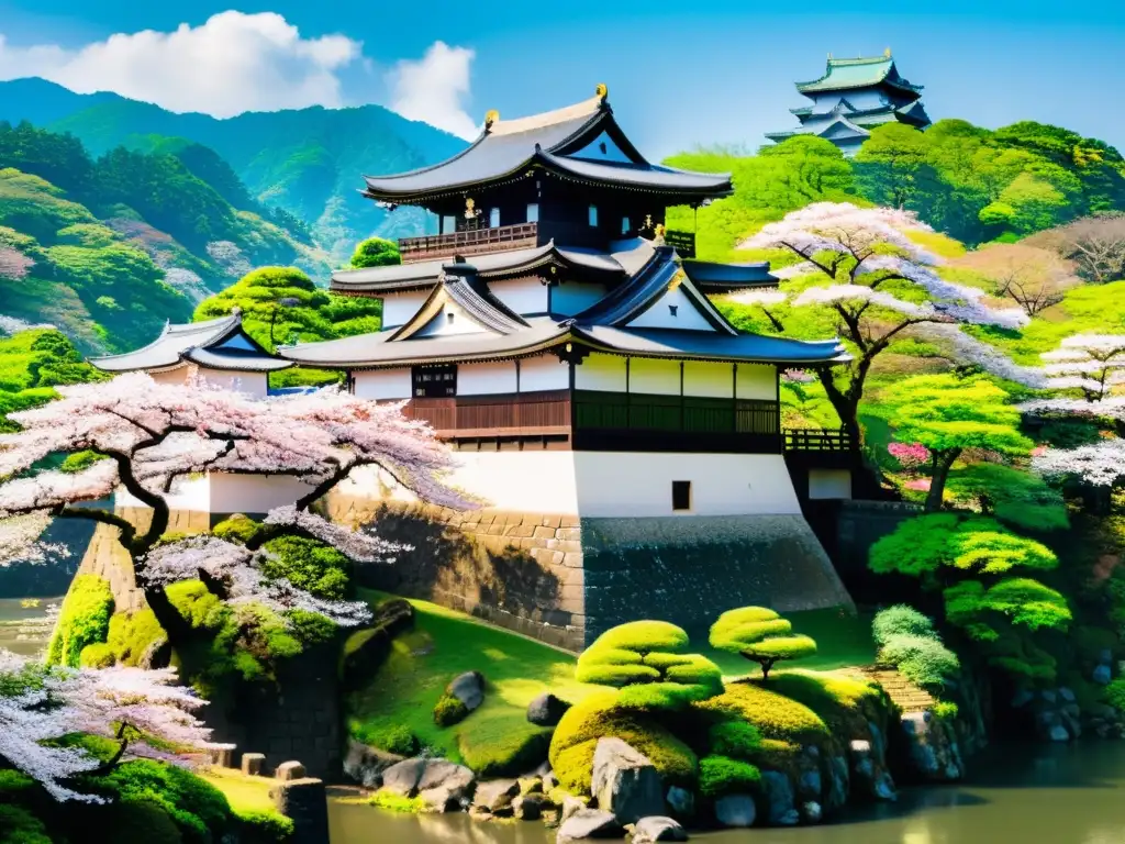 Vista panorámica de un castillo japonés rodeado de naturaleza exuberante y un río sereno