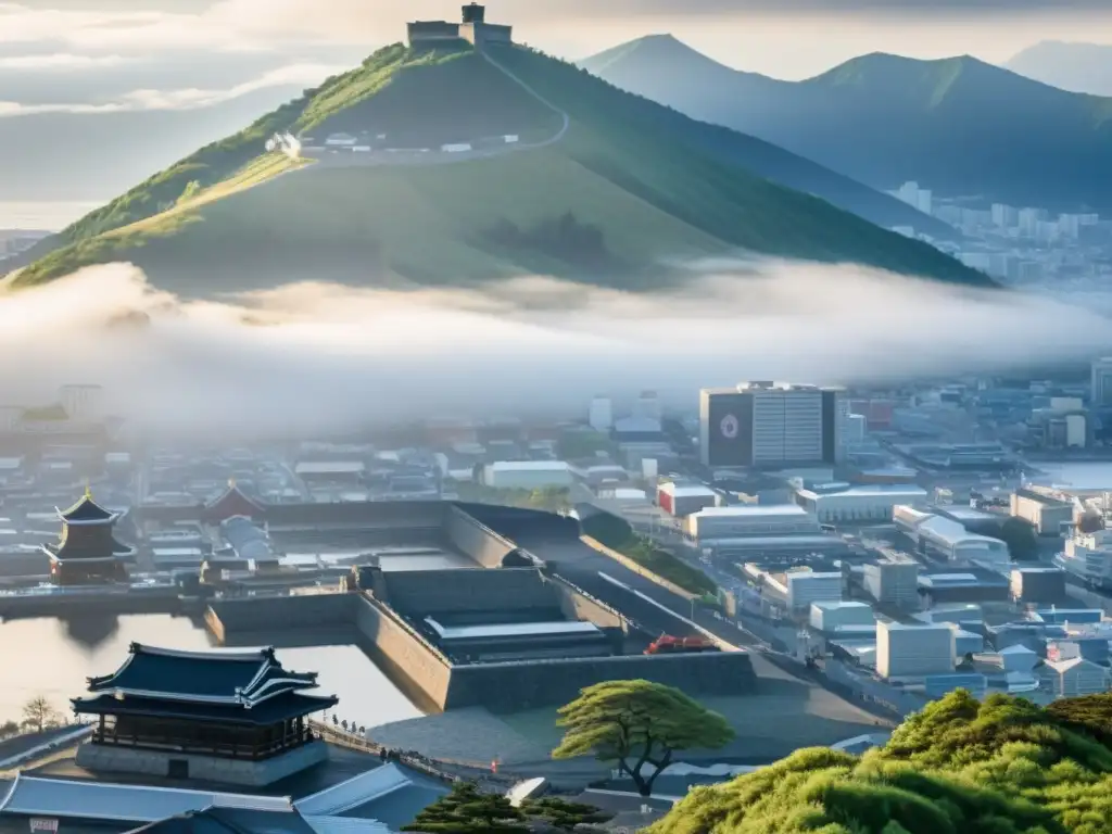 Vista panorámica de la ciudad de Hakodate durante El Asedio de Hakodate, con samuráis en armadura, evocando la intensidad del conflicto