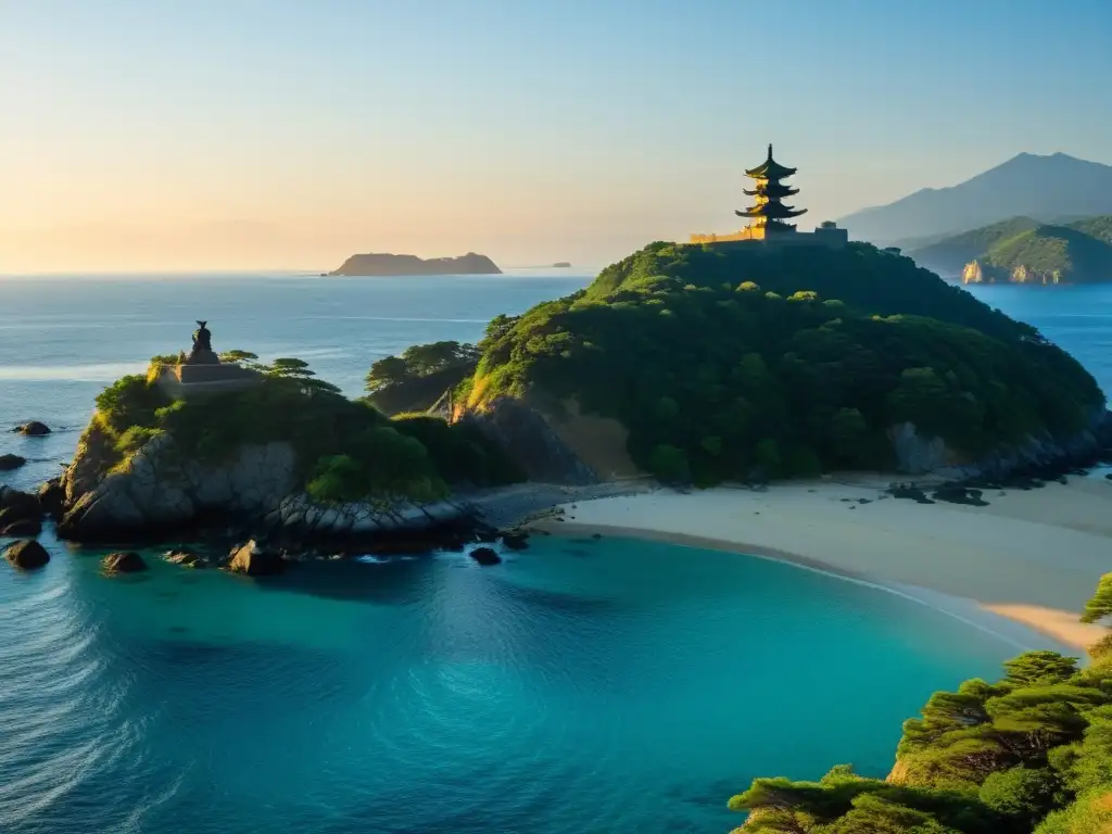 Vista panorámica de la costa escarpada de la isla de Tsushima con ruinas samuráis