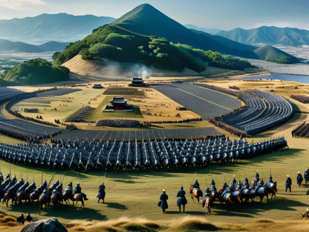 Vista panorámica detallada de la batalla de Sekigahara, inmersa en la historia del período Sengoku