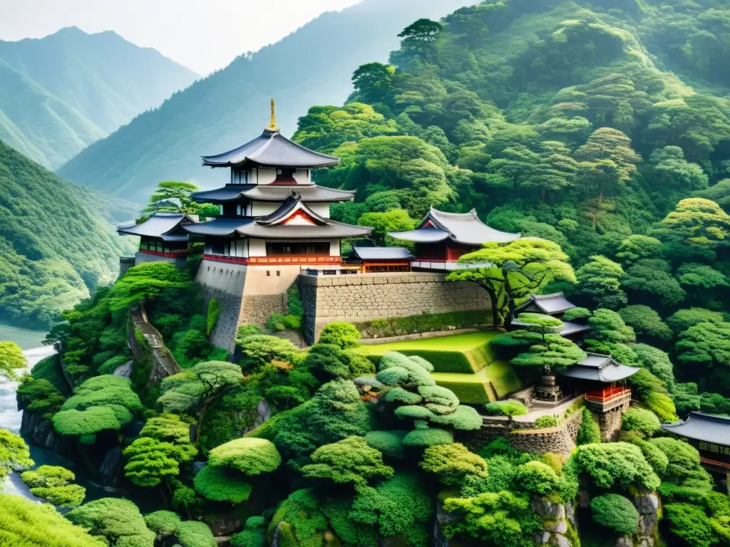 Vista panorámica detallada de un castillo samurái japonés con planificación defensiva en una montaña verde exuberante y un río serpenteante