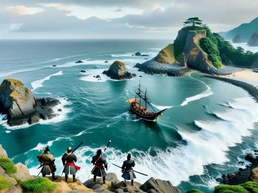 Vista panorámica dramática de samuráis piratas en feudal Japón, con acantilados, olas y barcos negros al atardecer