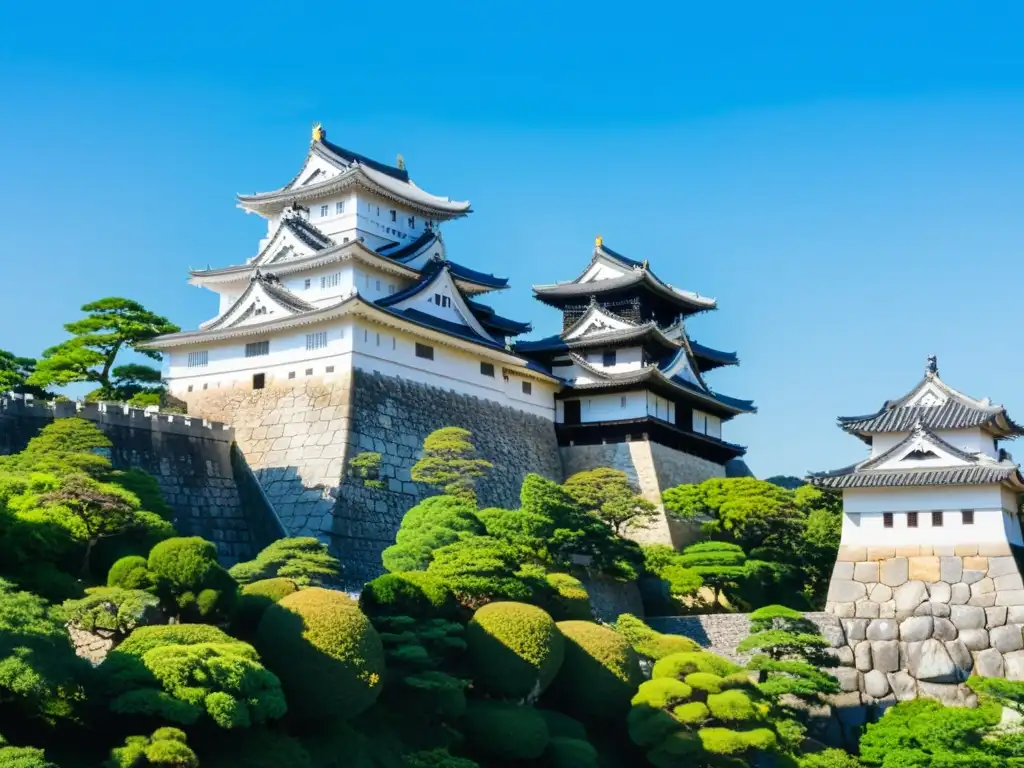 Vista panorámica del imponente Castillo de Himeji, con sus murallas de piedra, torres y arquitectura de madera