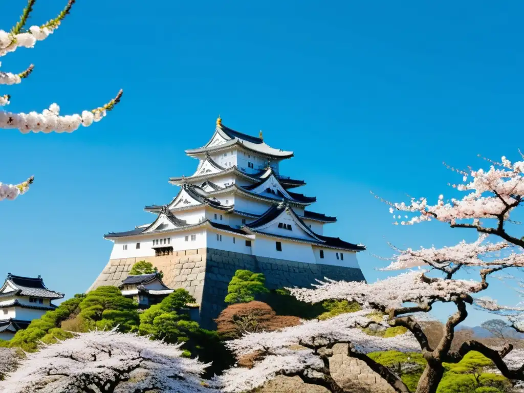 Vista panorámica impresionante del Castillo de Himeji, rodeado de sakuras en flor