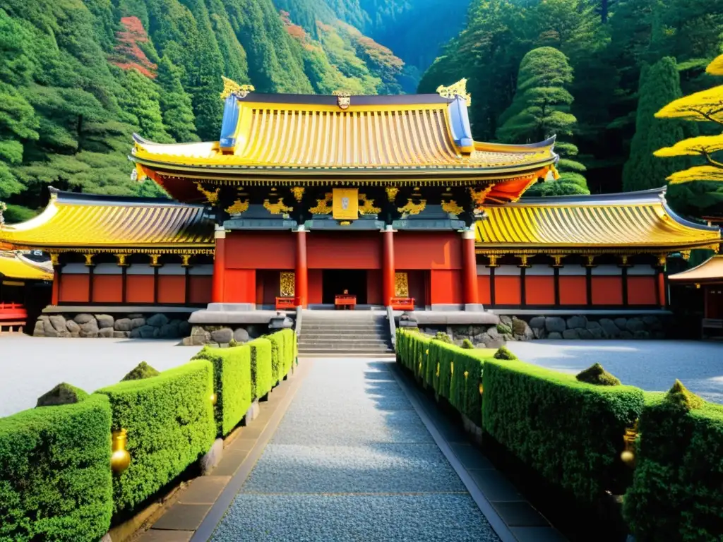 Vista panorámica del impresionante Santuario Toshogu en Nikko, Japón, con detallada arquitectura y la icónica Puerta Yomeimon