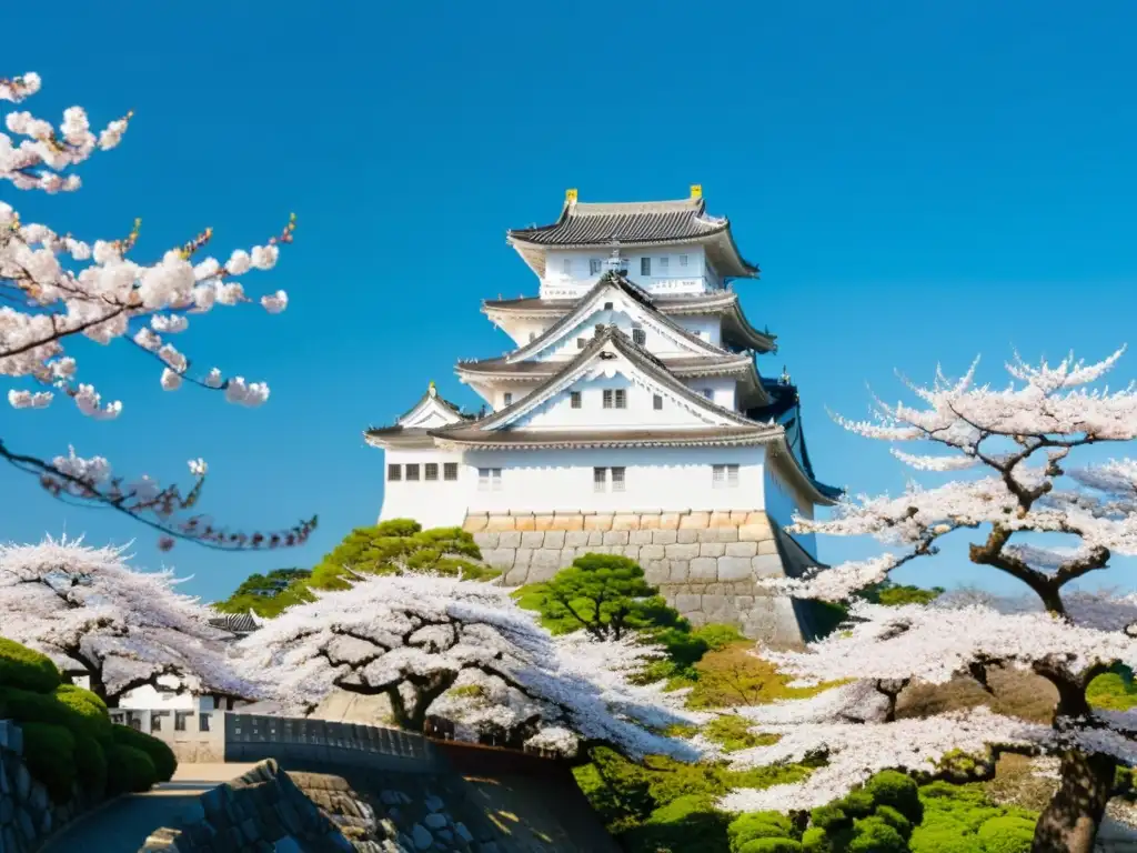 Vista panorámica del majestuoso Castillo de Himeji rodeado de árboles de cerezo en flor