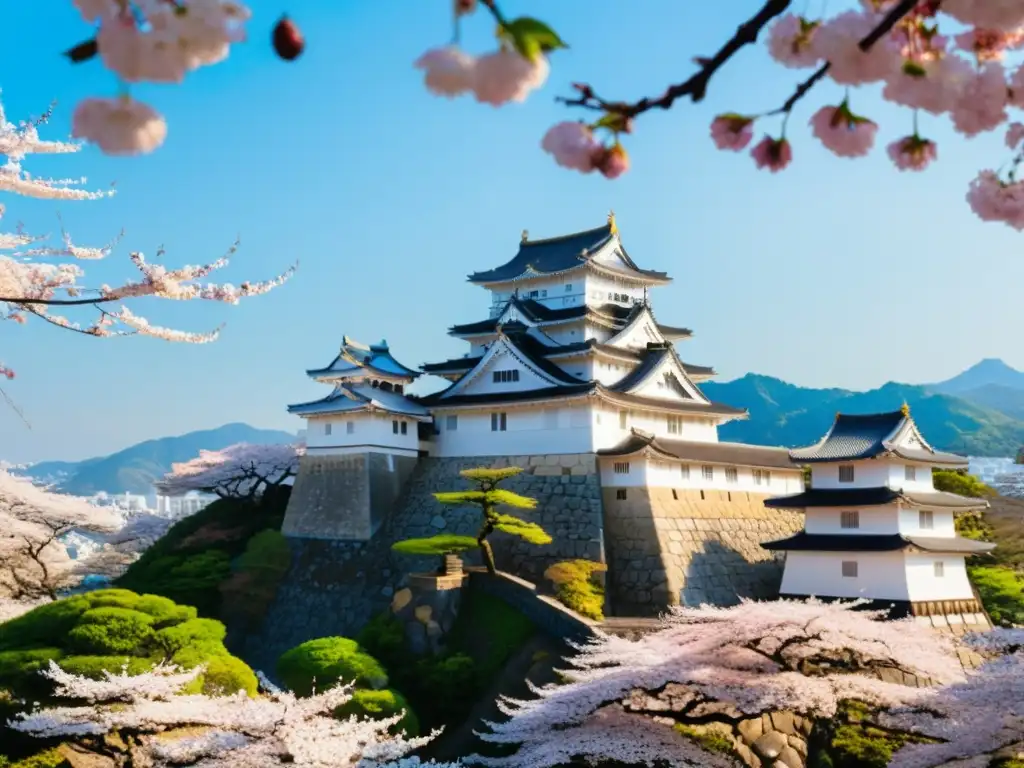 Castillo Himeji: Belleza en Flor Vista panorámica del majestuoso Castillo de Himeji rodeado de cerezos en flor