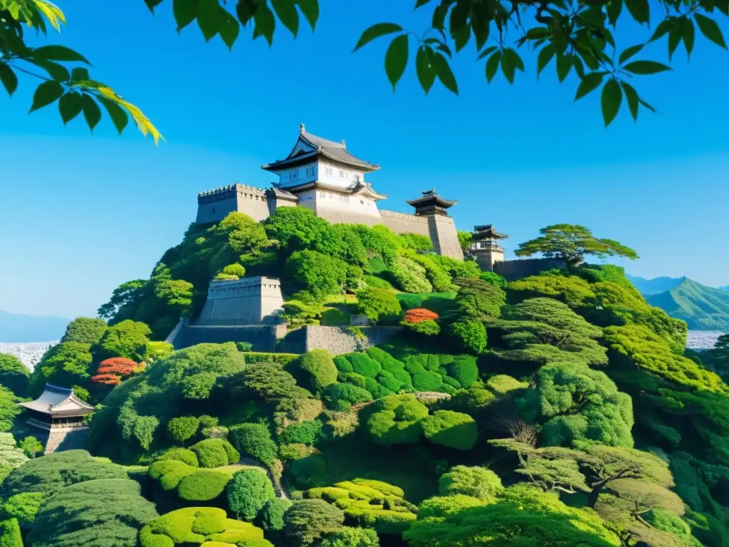 Vista panorámica del majestuoso Castillo de Shimabara rodeado de exuberante vegetación, bajo el cielo azul