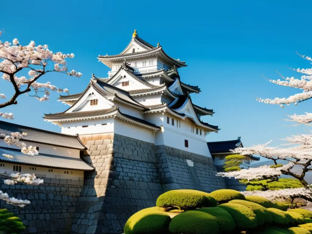 Vista panorámica de Himeji Castle con sus muros blancos, arquitectura de madera y árboles de cerezo en flor