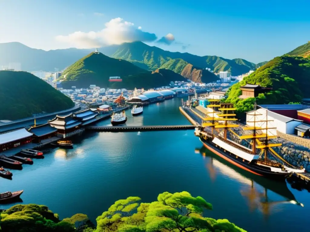 Vista panorámica del puerto histórico de Nagasaki, con una mezcla de barcos modernos y tradicionales, influencia política samurái Nagasaki