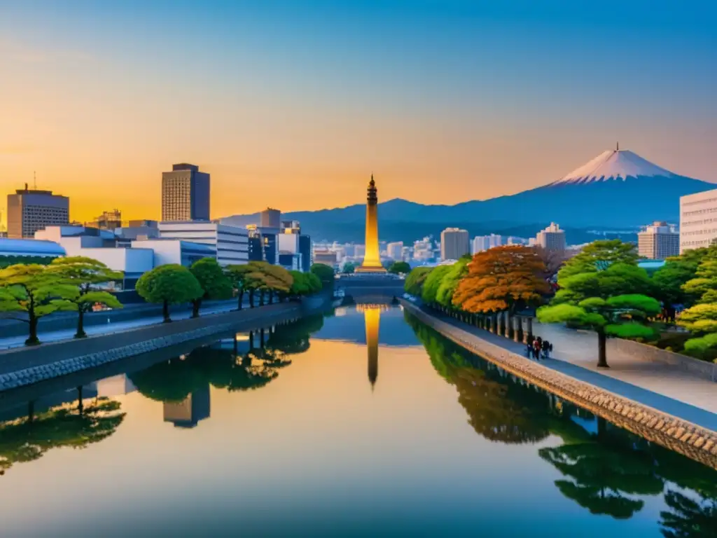 Vista panorámica de Sendai, con rascacielos, el río Hirose y la estatua de Date Masamune, fusionando historia del dragón de Date Masamune y modernidad