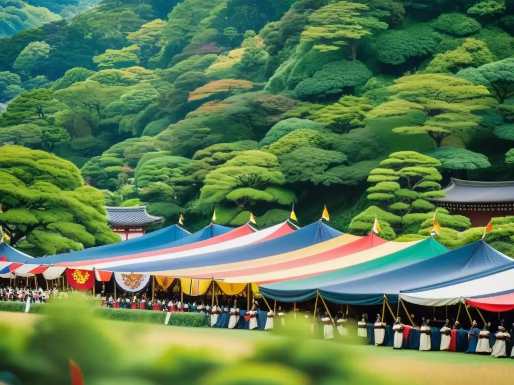 Vista panorámica del Uesugi Matsuri, homenaje a clanes guerreros, con vistosas banderas tradicionales ondeando entre verdor y arquitectura histórica