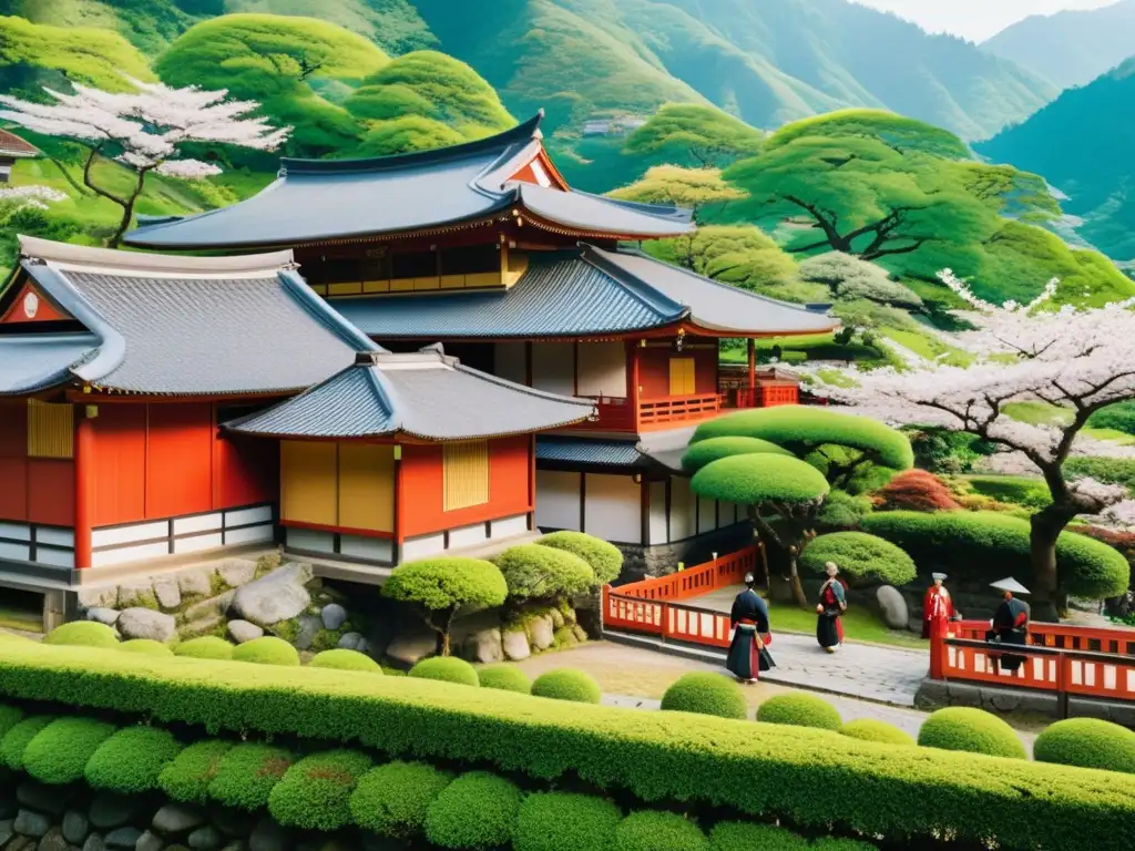 Vista de un pueblo japonés histórico entre montañas verdes, con edificios de madera decorados y personas vestidas como samuráis