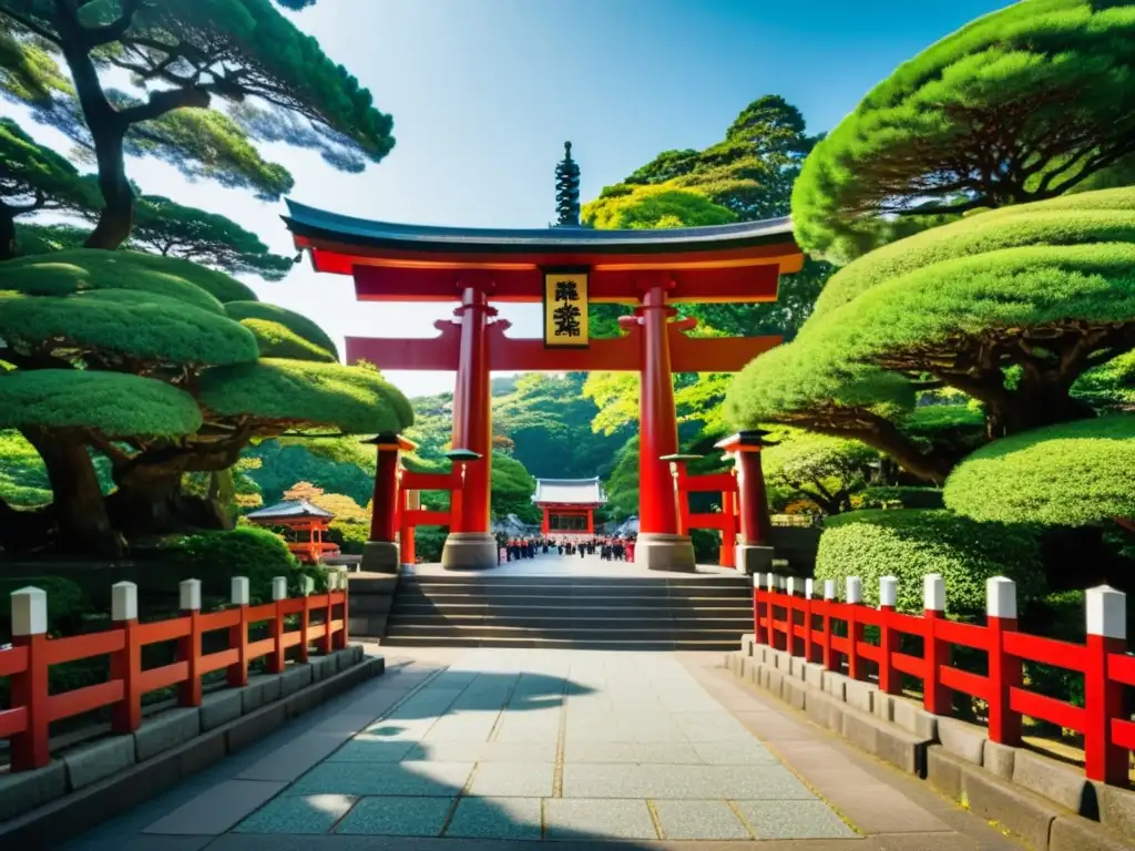 Vista serena del santuario Tsurugaoka Hachimangu en Kamakura, Japón, reflejando el Código Bushido en su atmósfera histórica y cultural