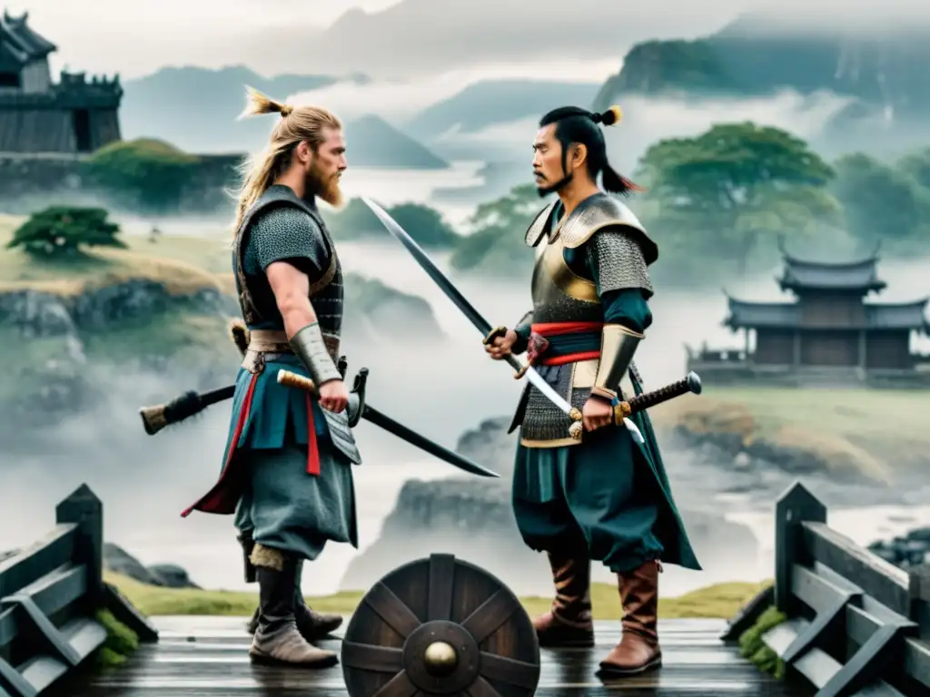 Samurai vs Viking: Guerreros ancestrales Comparación visual entre samuráis y vikingos, destacando paralelismos en armadura y armas en paisaje místico