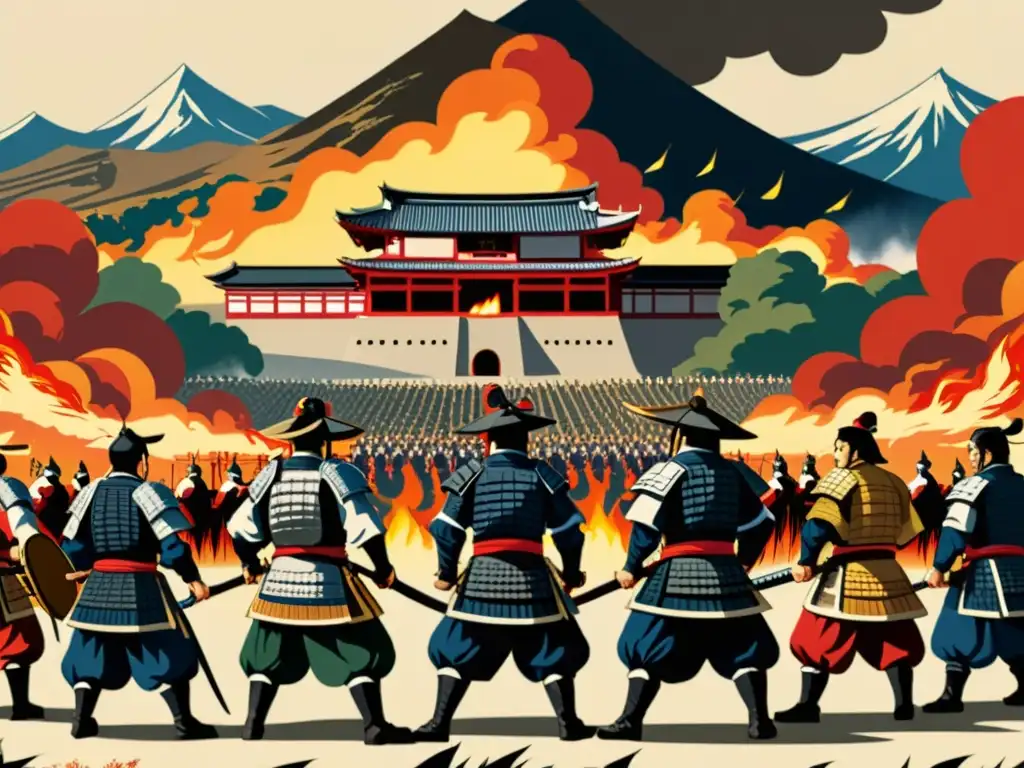 Vívida imagen de la rebelión de Shimabara Tokugawa con samuráis, castillo en llamas y campesinos determinados