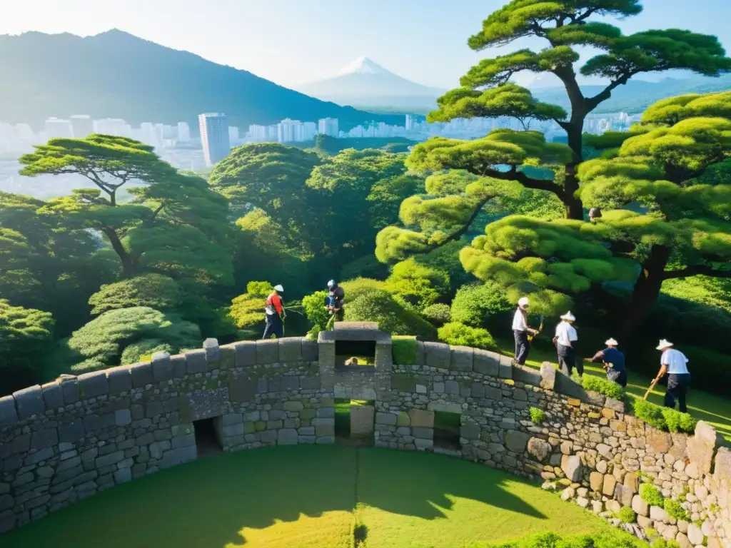 Voluntarios restaurando un castillo japonés rodeado de naturaleza exuberante, mostrando dedicación a la conservación