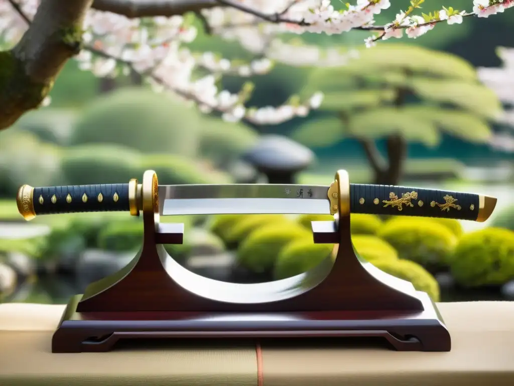 Un wakizashi descansando en un soporte adornado, con jardín japonés de fondo