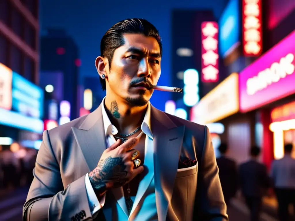 Un yakuza imponente, con tatuajes visibles, fumando en las calles neon de Tokio